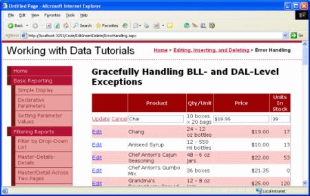 Scott Mitchell 的ASP.NET 2.0数据教程之十八:: 在ASP.NET页面中处理BLL/DAL层的异常