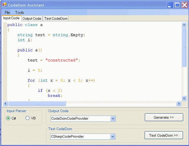 CodeDom Assistant CodeDom的强大工具， 有些BUG修正了下，发到CodePlex，大家有需要的可以看看
