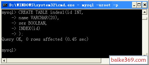 在DOS提示符窗口中查看MySQL创建普通索引的操作效果