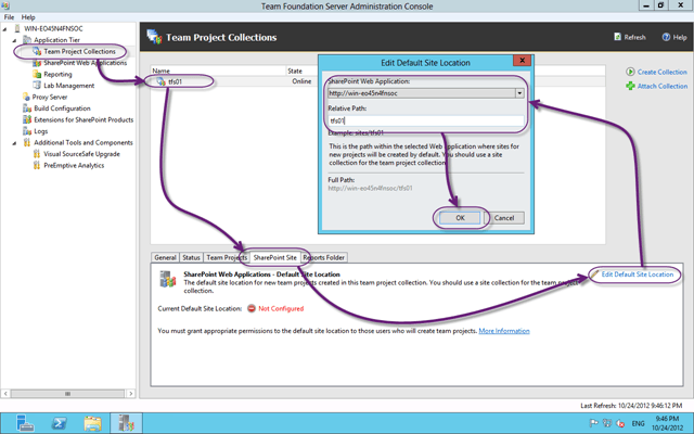 Configure the TFS Collection default SharePoint site