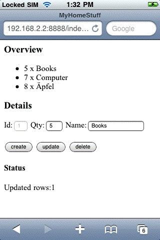 A screen shot of the 'MyHomeStuff' application on the                     iPhone. There are three bold headings in the view, with information                     under each. The headings are 'Overview,' 'Details,' and 'Status.'