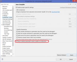 Picture 1. Configuring Eclipse projects to support new Java 8 compiler –parameters argument.