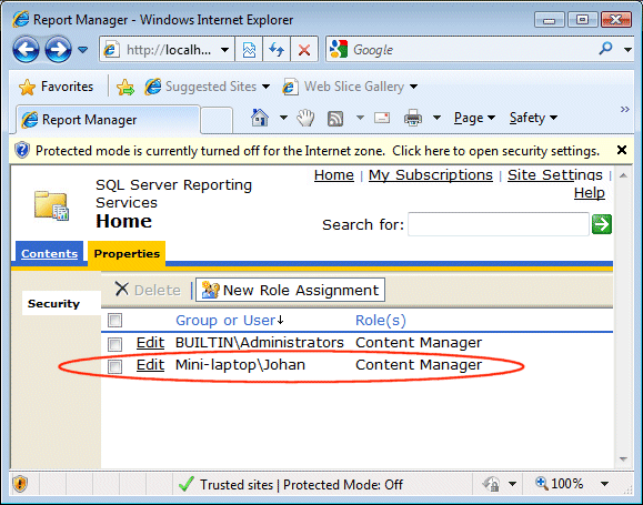 Installing Reporting Services on Windows 7, Vista or Windows Server 2008 无权限(rsAccessDenied)解决方法