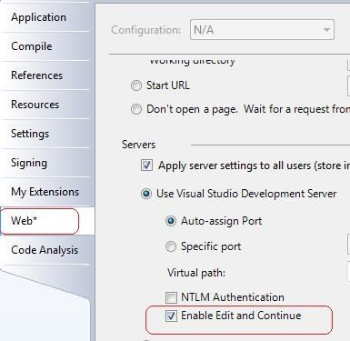 How to enable Edit and Continue feature for Web Application Projects?