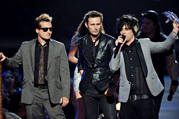 Green Day, on stage while accepting the Best Rock Video award for '21 Guns' at the 2009 MTV Video Music Awards.