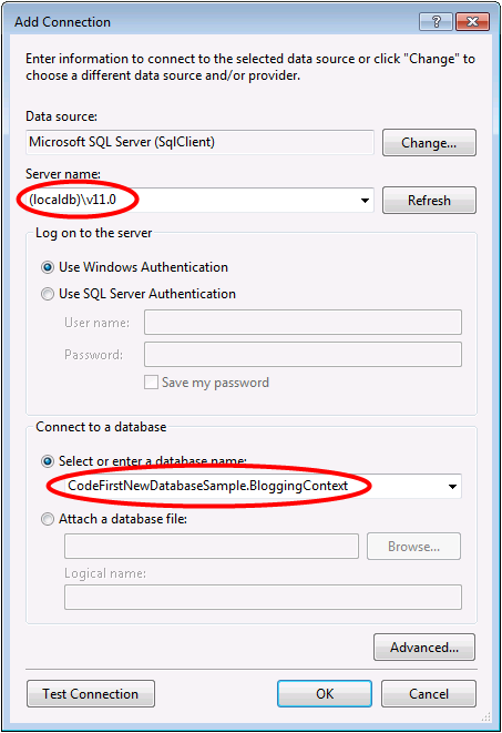 Connect to Blogging database on (localdb)\v11.0