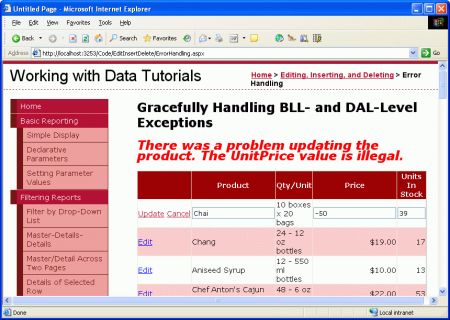Scott Mitchell 的ASP.NET 2.0数据教程之十八:: 在ASP.NET页面中处理BLL/DAL层的异常