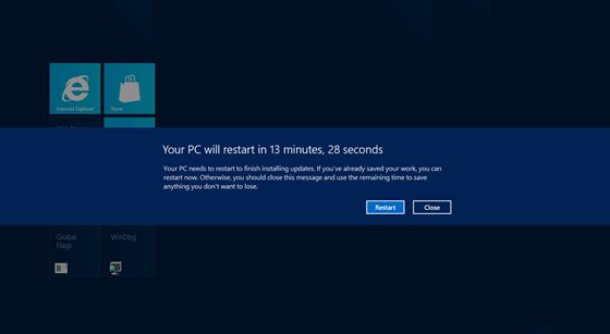 [Your PC will restart in 13 minutes, 28 seconds.Restart / Close]（您的 PC 将在 13 分   28 秒后重新启动。重新启动 / 关闭）