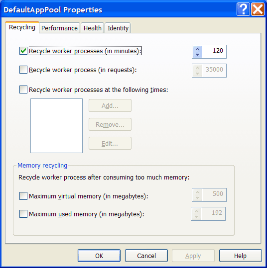IIS 6.0 中应用程序池属性对话框中的“回收”制表页