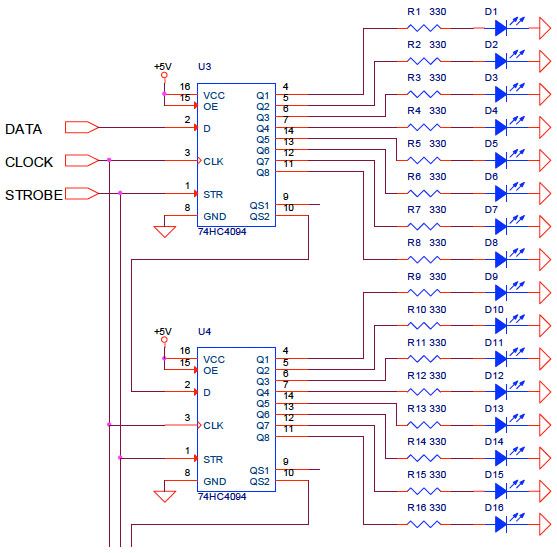 serial-input, parallel-output (SIPO) chip : TPIC6595 , 74HC164 , 74HC4094 or 74HC595