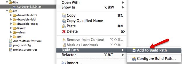图 8. 将 cordova-1.5.0.jar 添加至构建路径。  