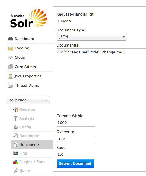 来自 Solr UI 的屏幕截图,显示了一个添加到一个集合中的 JSON 文档