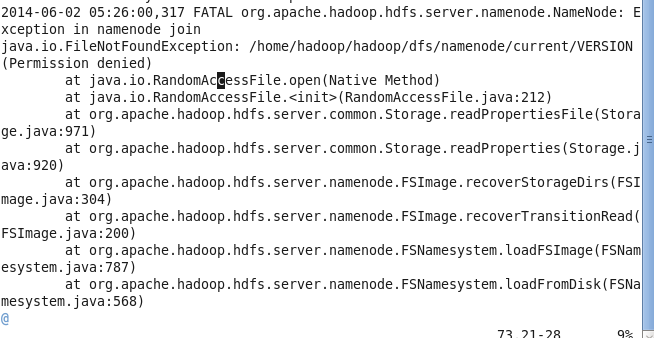 java.io.FileNotFoundException: /home/hadoop/hadoop/dfs/namenode/current/VERSION (Permission denied)