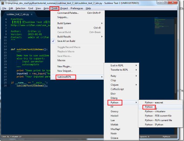 tools SublimeREPL Python python