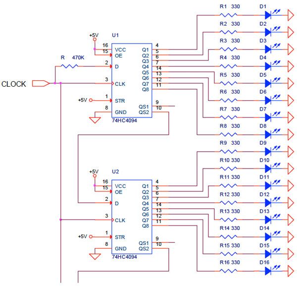 serial-input, parallel-output (SIPO) chip : TPIC6595 , 74HC164 , 74HC4094 or 74HC595