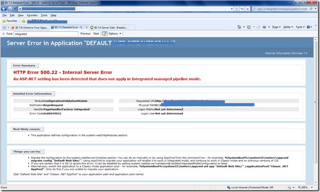 IIS7.0發生An ASP.NET setting has been detected that does not apply in Integrated managed pipeline mode.錯誤