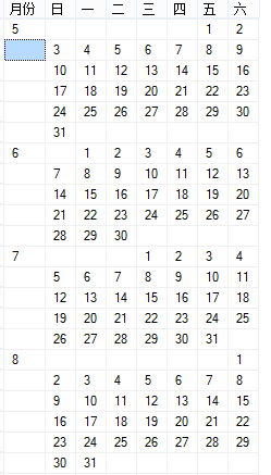 SQL打印全年日历