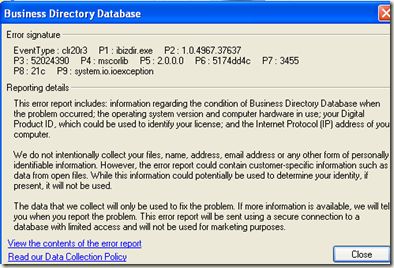 biz dir db error aug 14 io exception