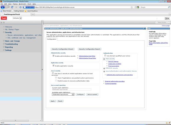 Screen shot of the Tivoli Integrated Portal Security page