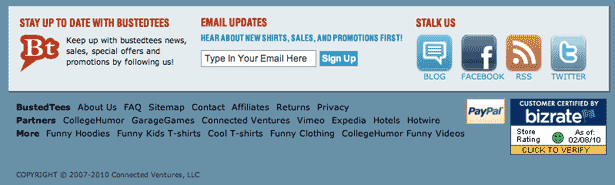 screenshot of busted tee's footer