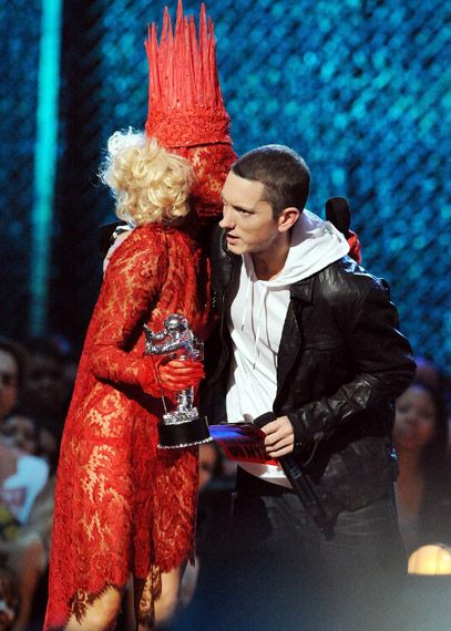 Lady Gaga accepts her award from Eminem onstage during the 2009 MTV Video Music Awards at Radio City Music Hall in New York City.