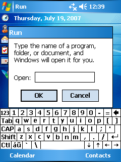 Picture of Windows Mobile Pocket PC Today Screen showing the Run dialog