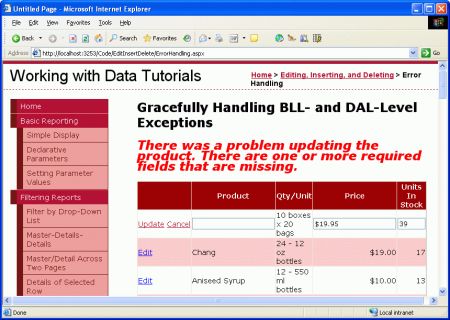 Scott Mitchell 的ASP.NET 2.0数据教程之十八:: 在ASP.NET页面中处理BLL/DAL层的异常