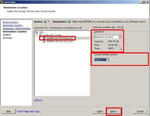 VMware vCenter Converter Standalone 5.1 - Specify Destination Location