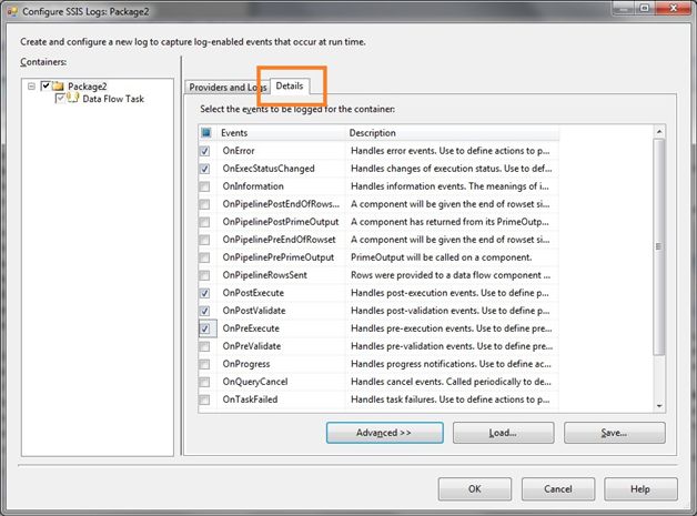 Configure SSIS Logs – Details tab