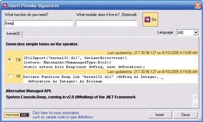 Figure 6 Finding the Beep Function in PInvoke.NET