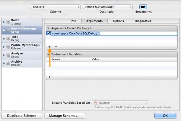 Xcode add SQL Debug Parameter