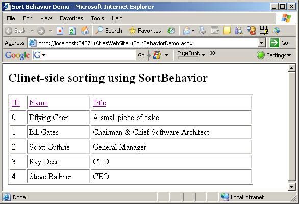 使用ASP.NET Atlas SortBehavior实现客户端排序