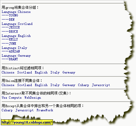 Linq学习笔记(1.5)——group、Distinct、Union、Concat、Intersect、Except