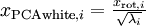 \textstyle x_{{\rm PCAwhite},i} = \frac{x_{{\rm rot},i} }{\sqrt{\lambda_i}}