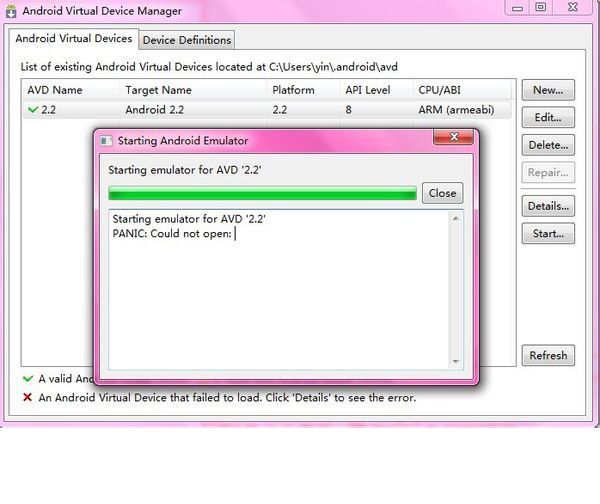 android Starting emulator for AVD '2.2' PANIC: Could not open