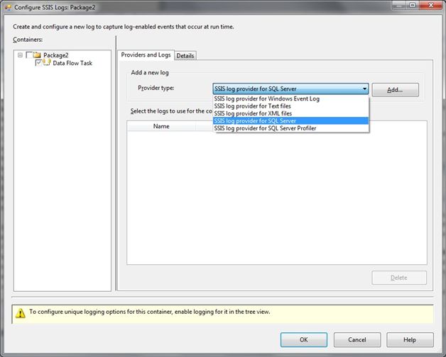 Configure SSIS Logs – Provider type