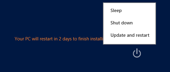 电源选项：[Sleep]（睡眠）、[Shut down]（关机）、[Update and restart]（更新并重新启动）。