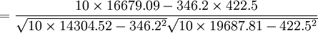 =\frac{10\times 16679.09-346.2\times 422.5}{\sqrt{10\times 14304.52-346.2^2}\sqrt{10\times 19687.81-422.5^2}}