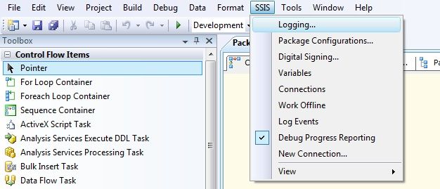 Start SSIS Logging from menu