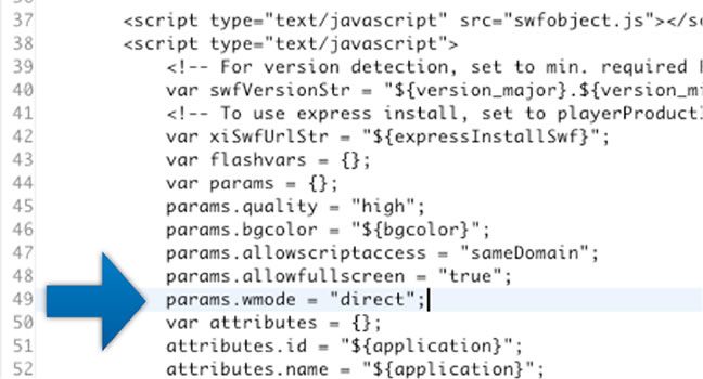 图1. 在index.template.htm文件中设置wmode = "direct"