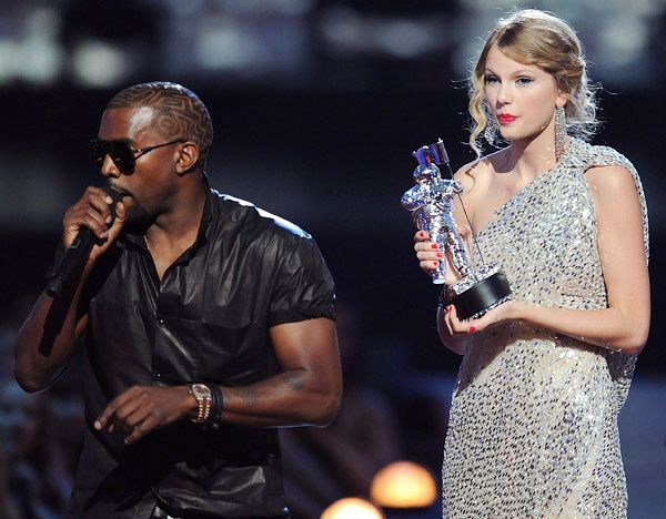 Taylor Swift's microphone belongs to Kanye West at the 2009 MTV Video Music Awards at Radio City Music Hall in New York City.