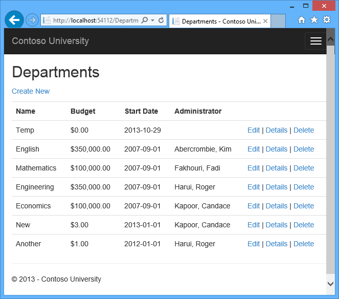 Departments page