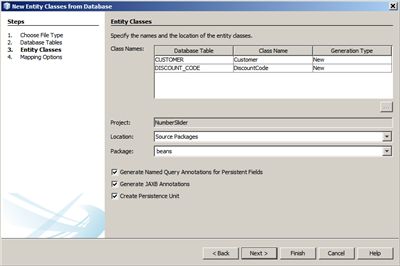 “通过数据库新建实体类”向导的 "Entity Classes"（实体类）页