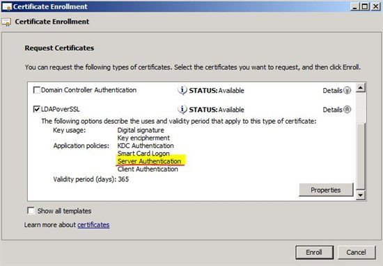 Selecting a certificate that supports Server Authentication