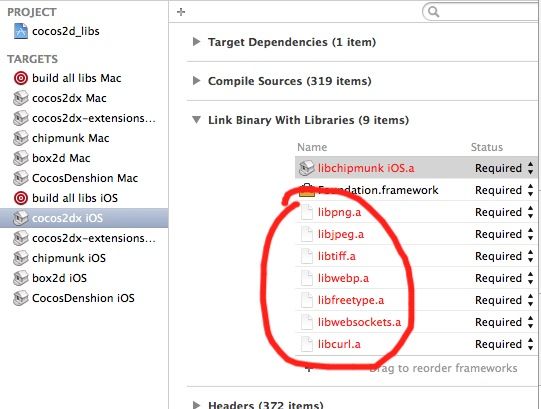 Cocos2d-x iOS Mac环境编译出错 can't locate file for: -lpng -ljpeg -ltiff -lwebp -lfreetype -lwebsockets -lcurl