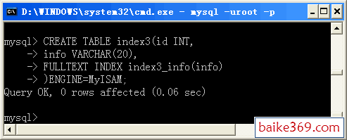 在DOS提示符窗口中查看MySQL创建全文索引的操作效果