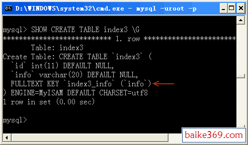 使用SHOW CREATE TABLE语句查看index3数据表的结构