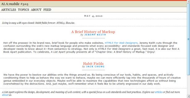 A mobile version of A List Apart.