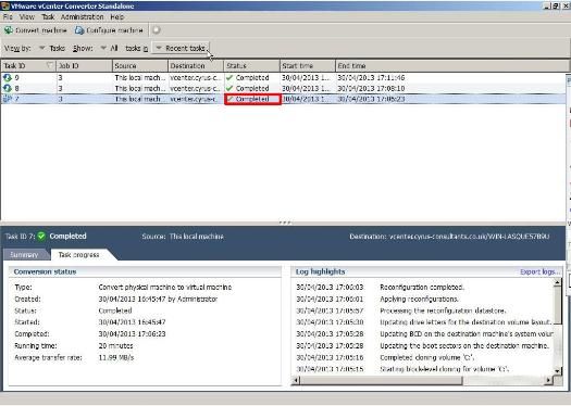 VMware vCenter Converter Standalone 5.1 - Job Status