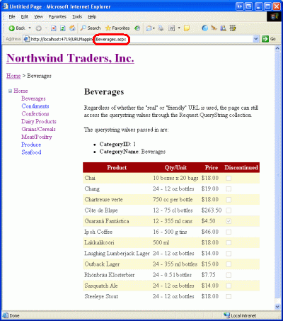 The friendly URL Beverages.aspx is mapped to the lengthy URL.